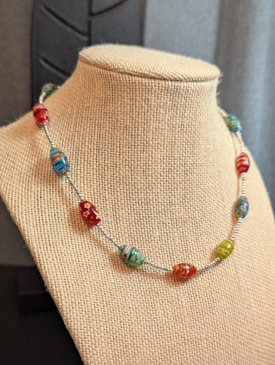 Jewelry - 925 Sterling Silver Millefiori Glass Bead Necklace 16-18" Long. R30626-2